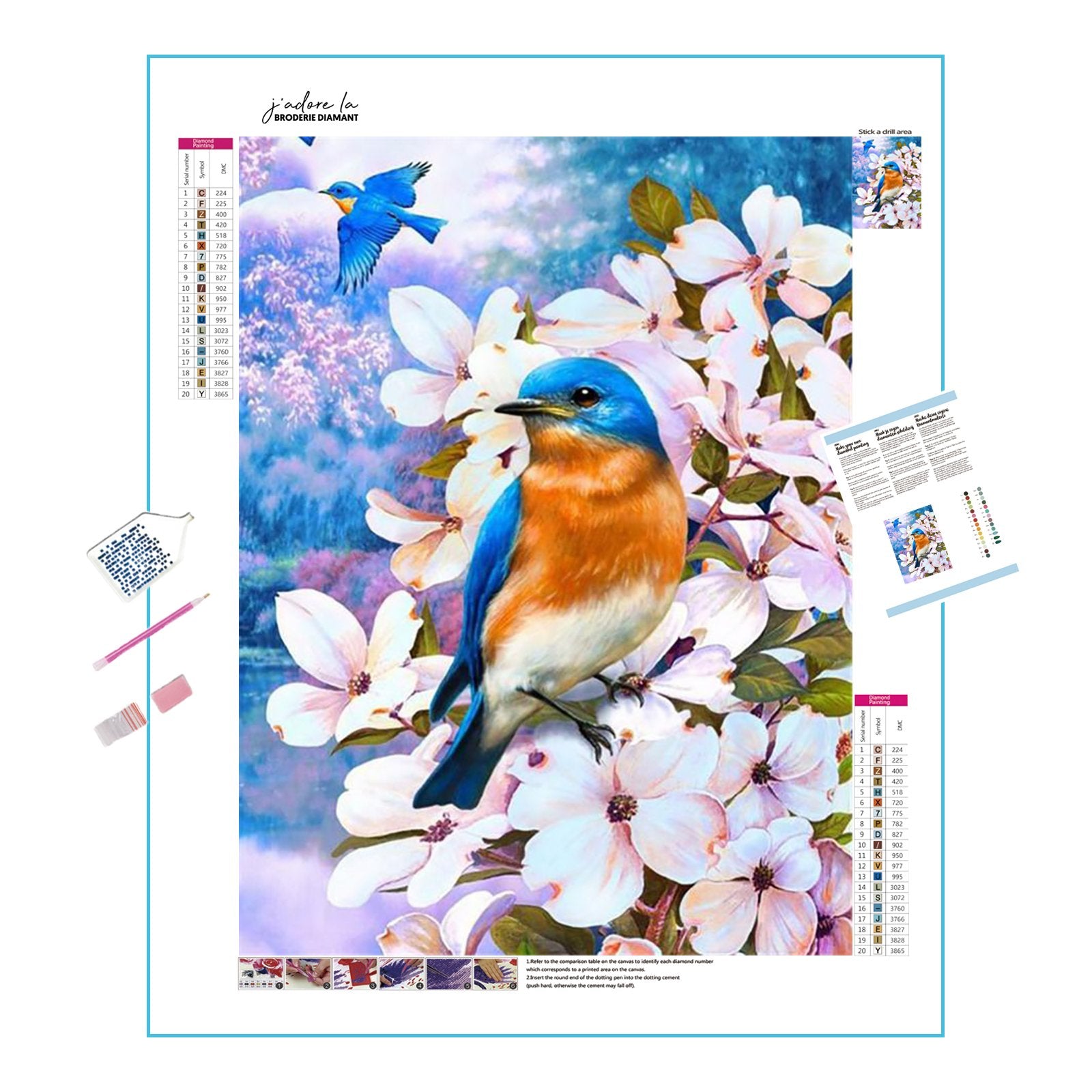 Blaue Vögel und rosa Blumen