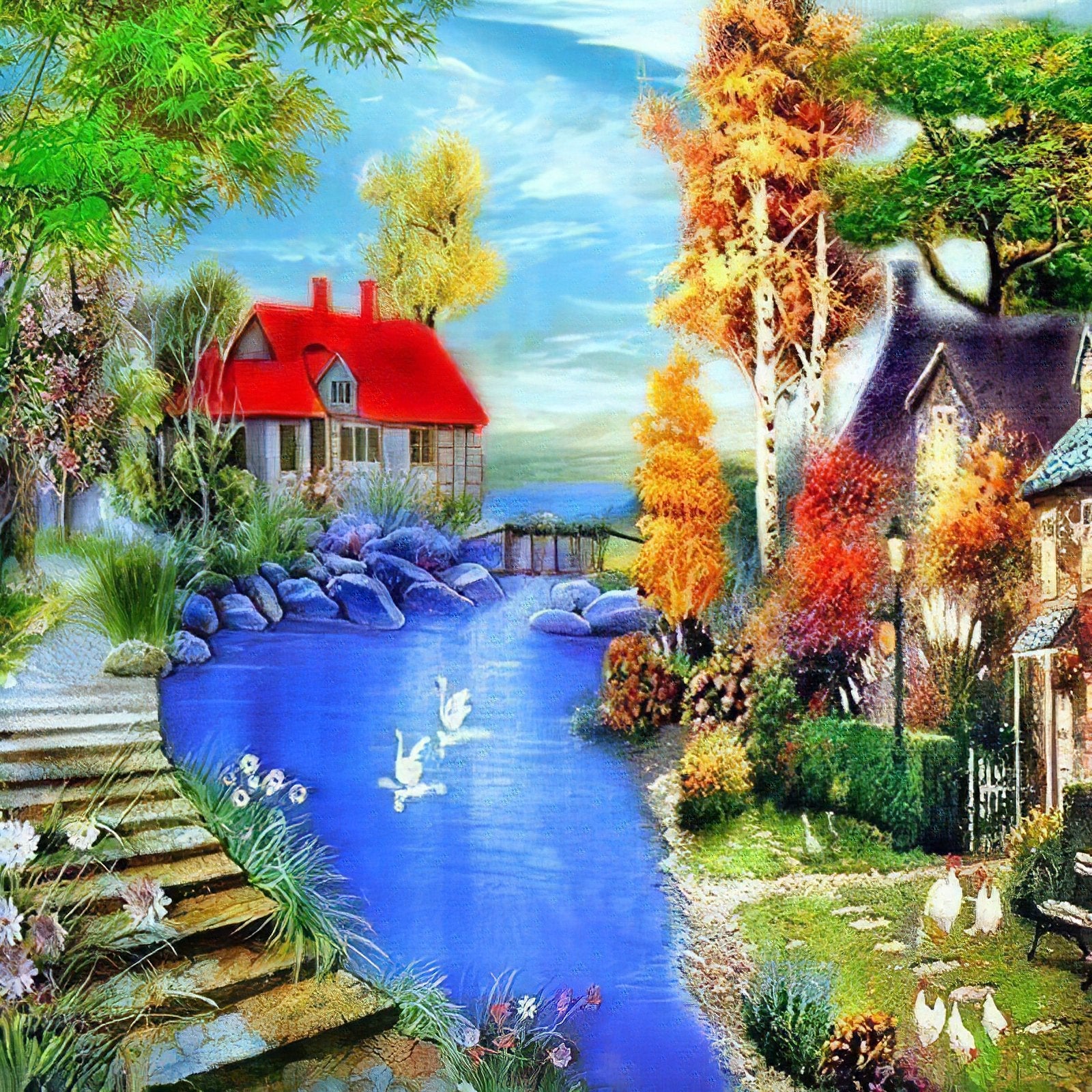 Diamond Painting - Rotes Haus am kleinen Teich