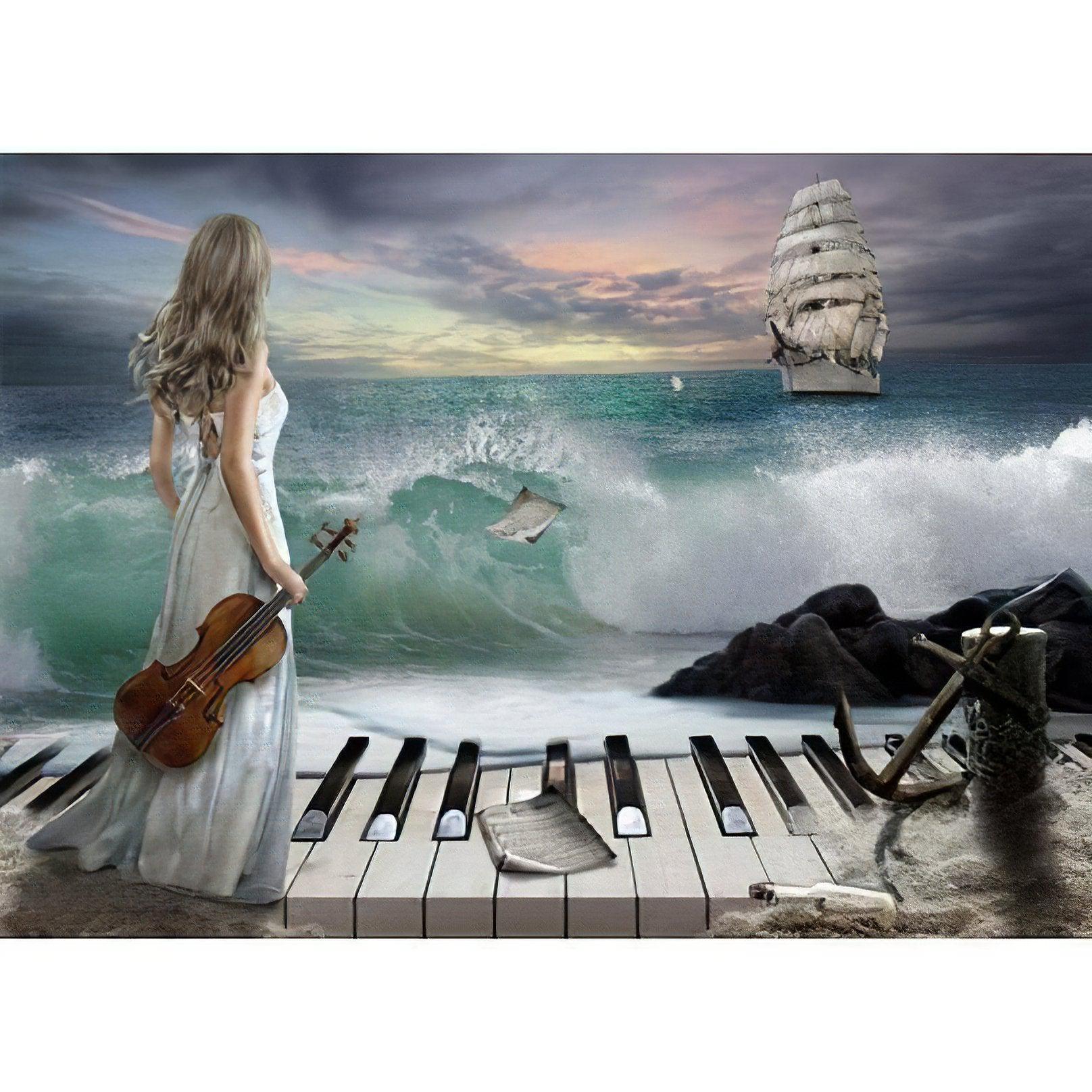 Diamond Painting - Dame mit Violine vor dem Meer