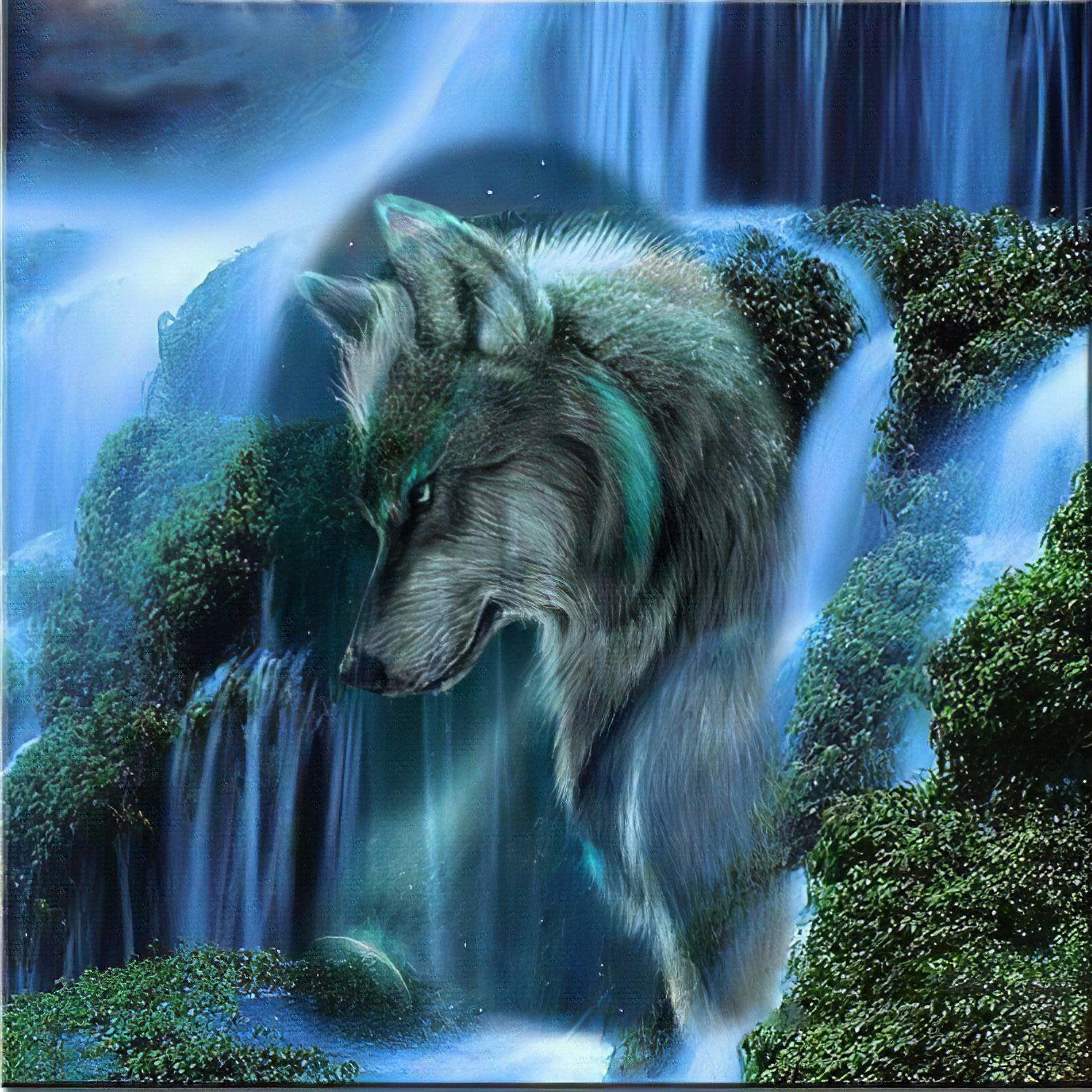 Diamond Painting - Wolf neben einem Wasserfall